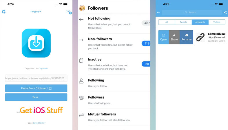 Screenshots of TW Save app for twitter