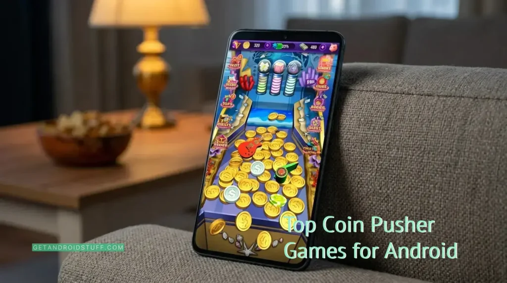 Android phone displaying coin pusher game on couch armrest in cozy living room setting